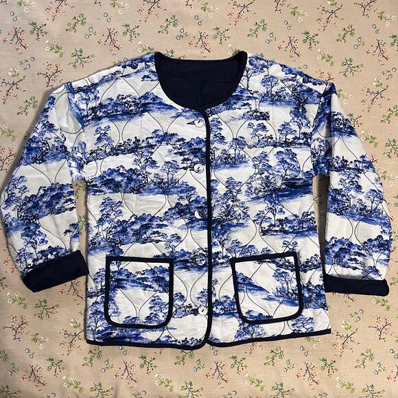 Quilted Jacket Toile Navy Blue Small Medium Reversible Pockets Cottage Prairie - Picture 1 of 5